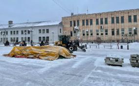 На площади Мира в Луге начали устанавливать новогоднюю елку